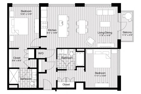 Floor plan for 2 beds, 2 baths, 1125 sqft